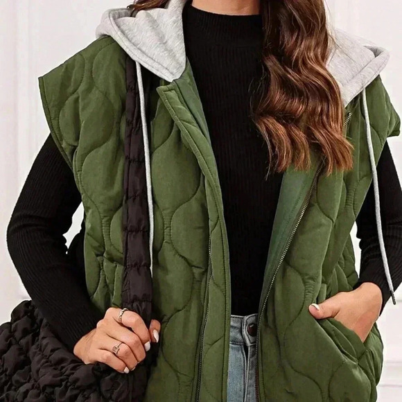 Olive Green Boho Women's Quilted Cozy Free Style Drawstring Hooded Puffer Vest - Picture 2 of 4
